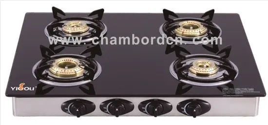 Appareil de cuisson 4 brûleurs en laiton, finition miroir en verre, cuisinière à gaz noire